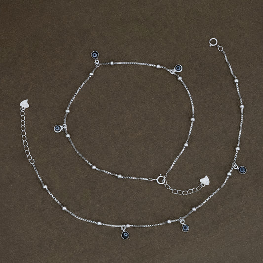 Silver Evil Eye Anklet with Hanging Charms