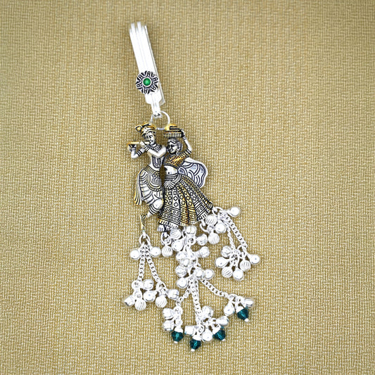 Traditional Silver Keychain with Radha Krishna Portrait and Ghungroo