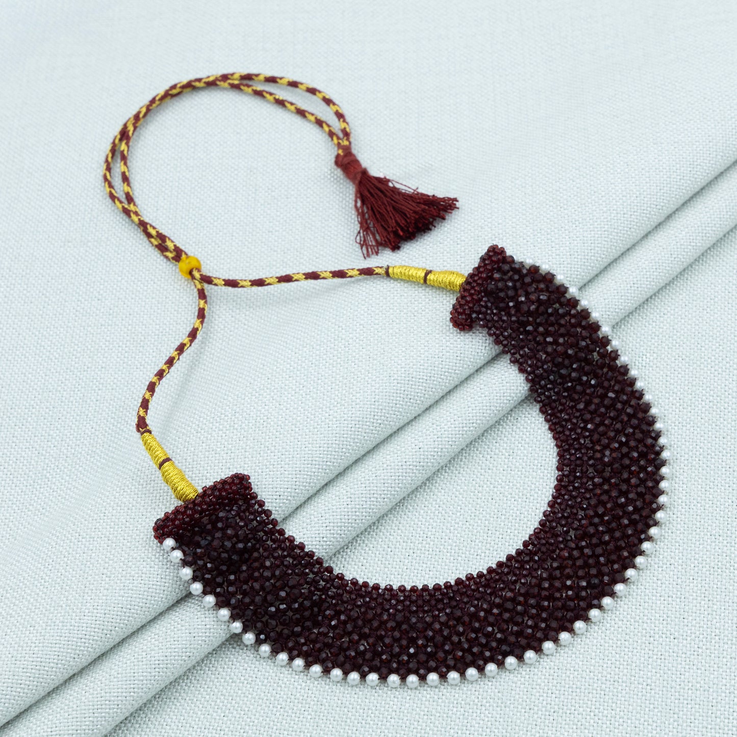 Handmade Green/Maroon Chatai Necklace with Pearl Border