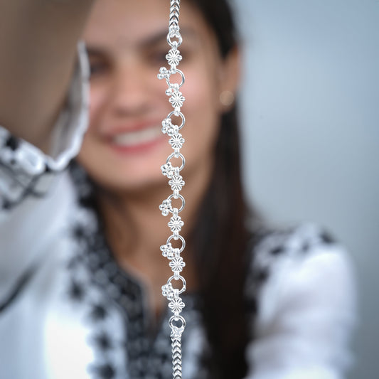 Silver Anklet with Flower Links and Traditional Ghungroo