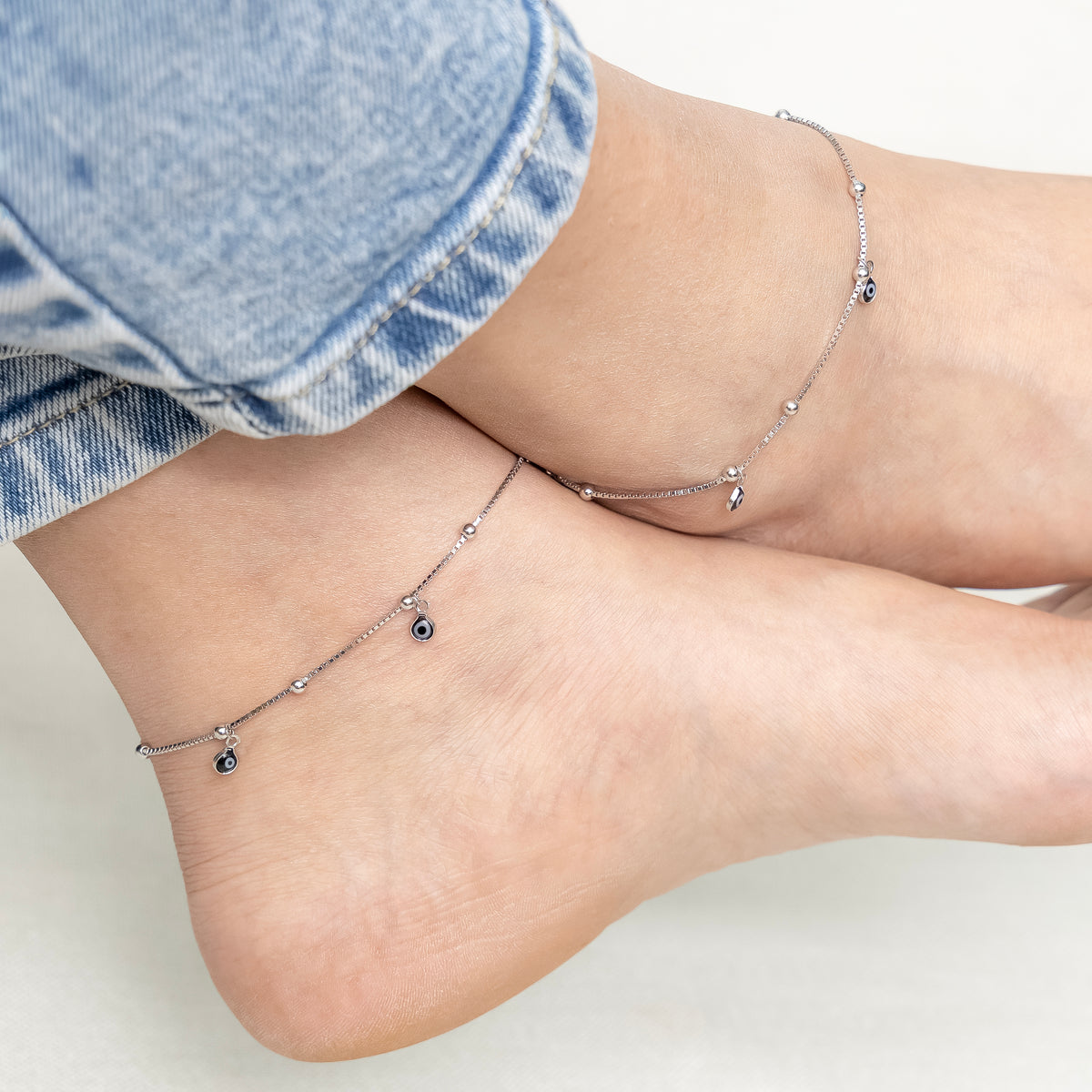 Silver Evil Eye Anklet with Hanging Charms