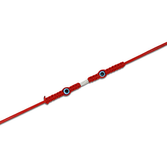 Boys' Rakhi with two purple evil eye symbols in silver for protection