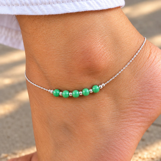 Silver Anklet with Green Beads for Women