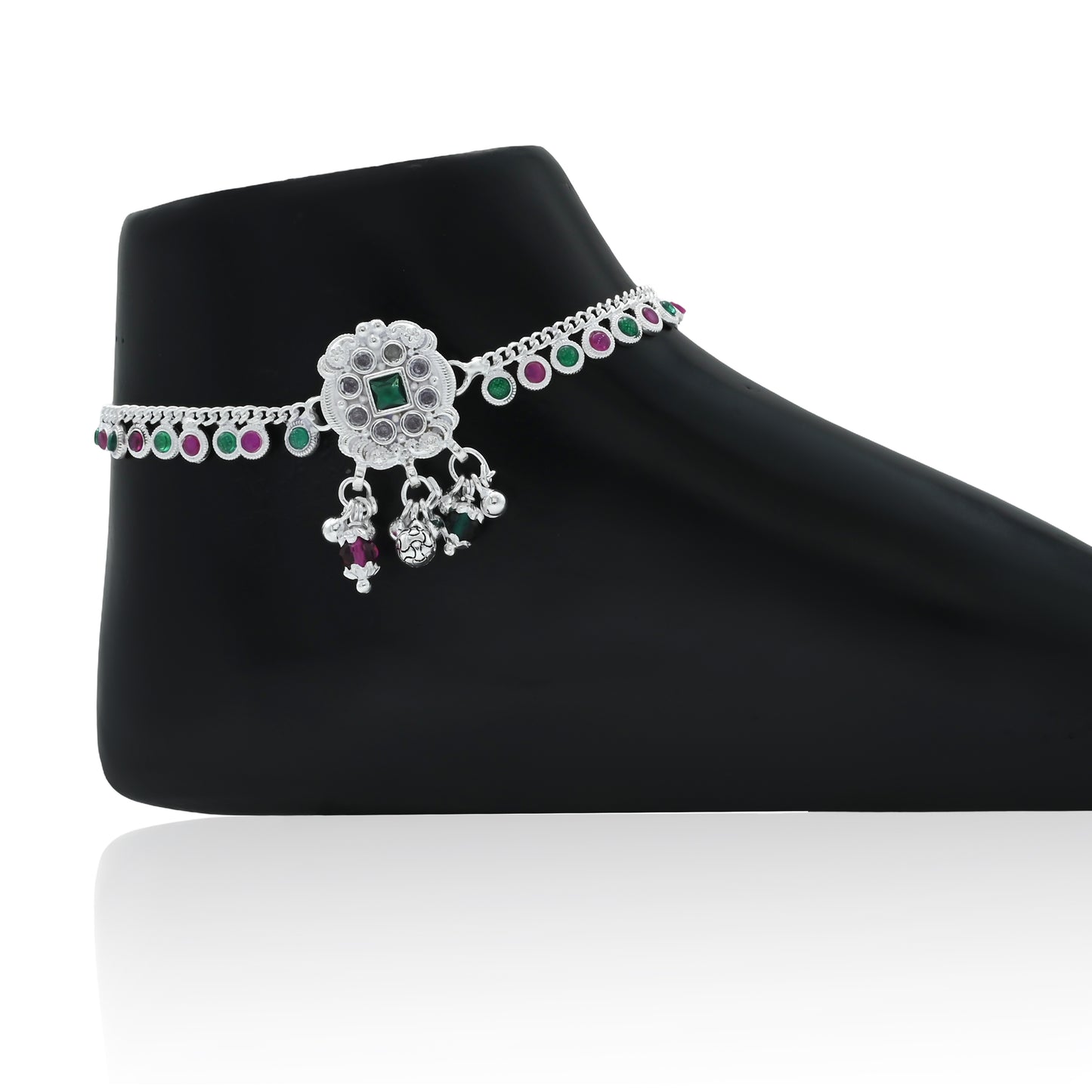 Traditional oxidized silver anklet embellished with green and pink beads.