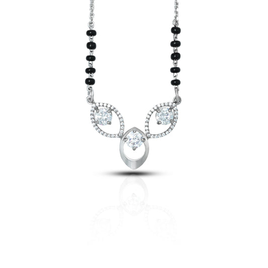 Beautifully Designed Silver Mangalsutra with Three White Stone and Black Beads