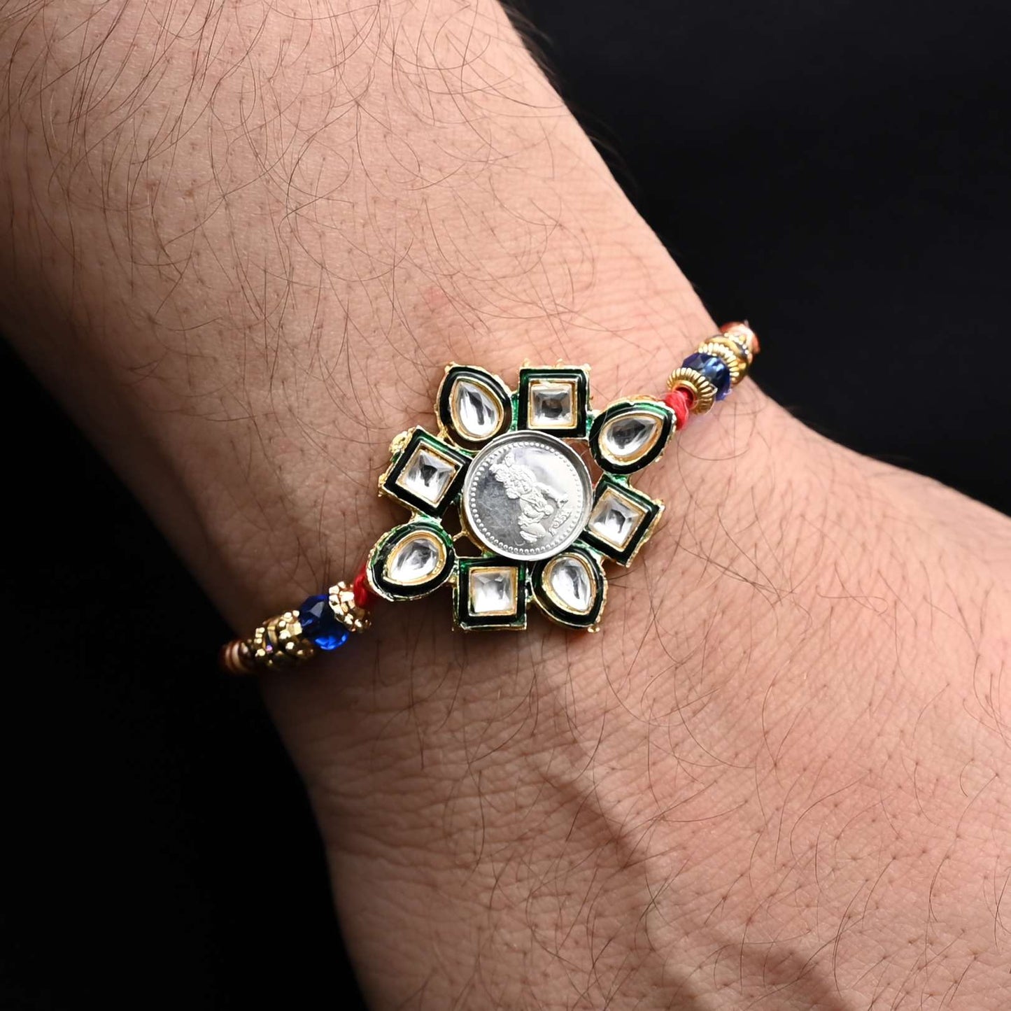 Silver Center Baal Gopal Flower Design with Multi Color Beads Rakhi for Boys