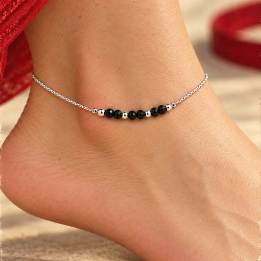 Silver Anklet with Black Beads for Women