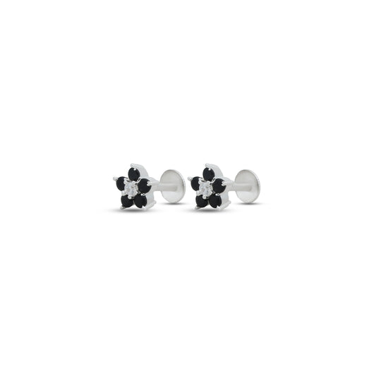 Elegant silver earrings featuring a floral pattern with black gemstones