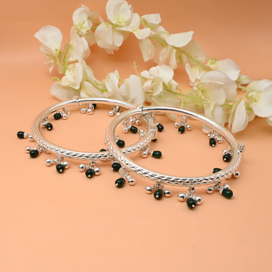 Stylish Silver Kada Payal with Green Stones & Ghungroo Bells