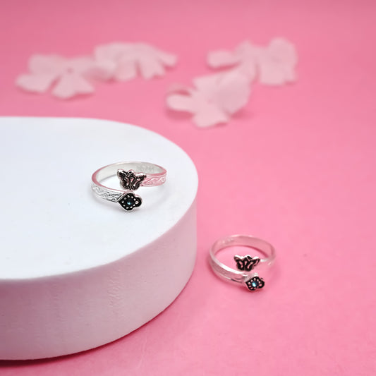 Floral Silver Toe Ring with Black Butterfly Detailing