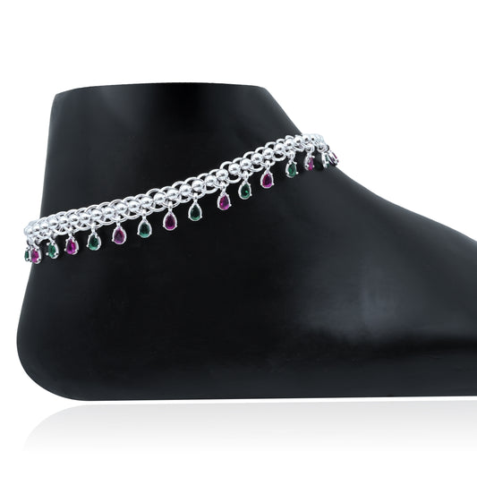 Delicate Silver Anklet/Payal with Pink-Green Stones – Elegant and Fashionable