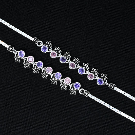 Silver Anklet with Flower Buds and Pink-Purple Stone Accents