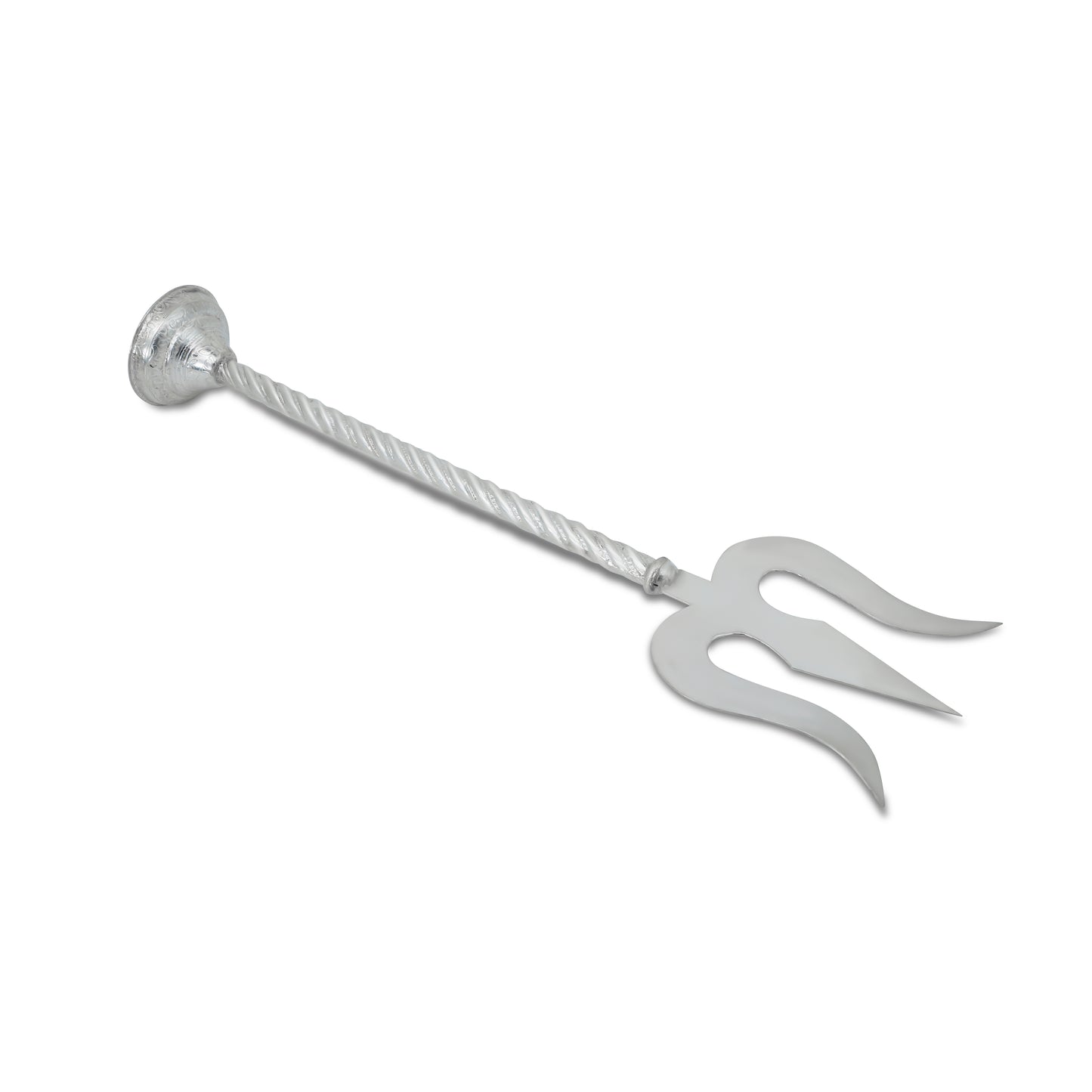 Close-up of the elegant silver trishul, symbolizing strength and spiritual significance.
