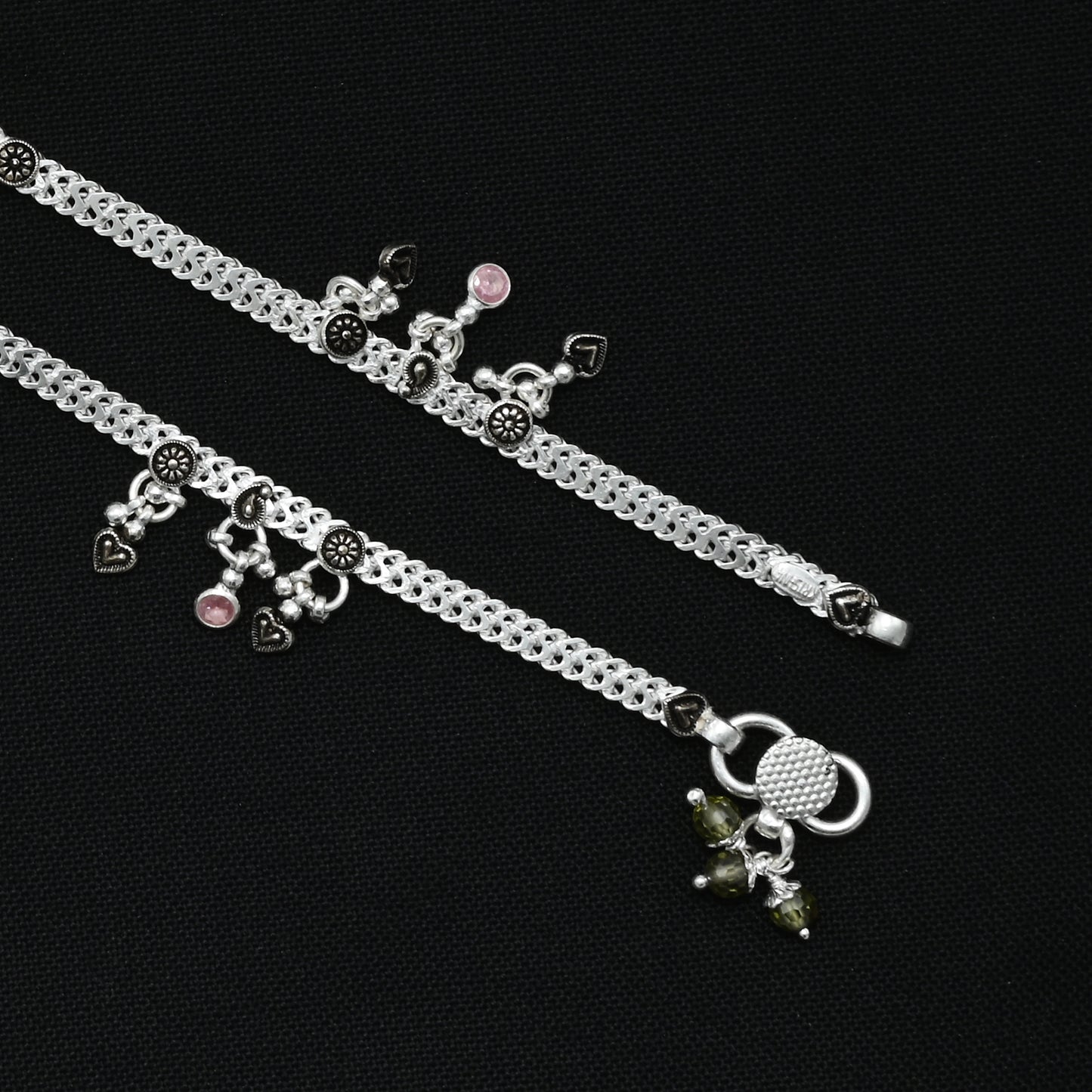 Beautiful silver anklet with peacock-inspired beads, designed to add a colorful flair to your look