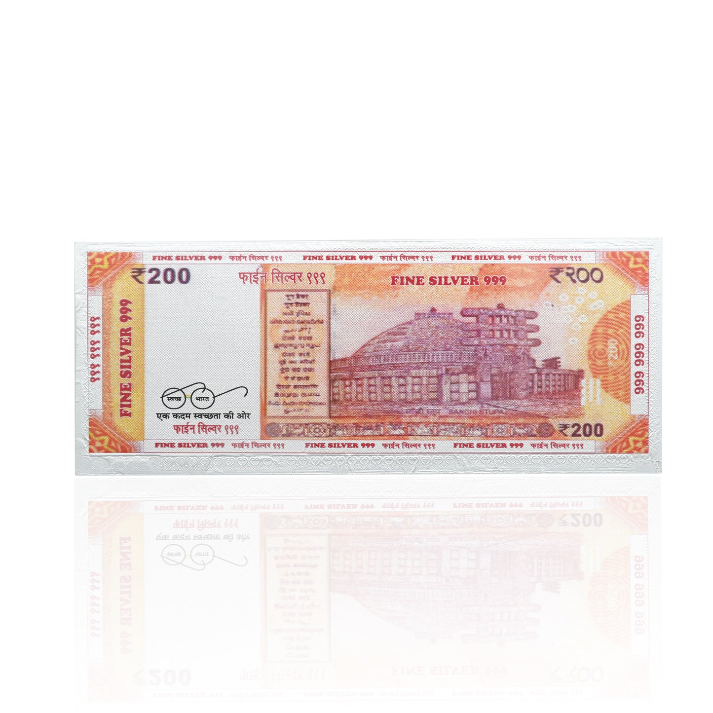High-quality image of the 200 Rupee 999 pure silver currency note with engraved designs.