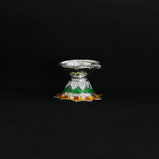Close-up of the intricately designed silver deepak, ideal for enhancing spiritual ceremonies