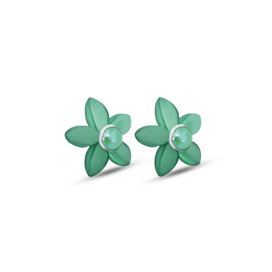 Elegant silver stud earrings featuring green flowers with pearl centers