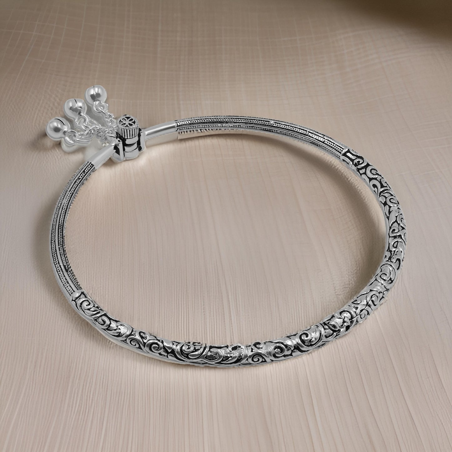 Elegant oxidized silver kada payal with ghungroos, perfect for girls.