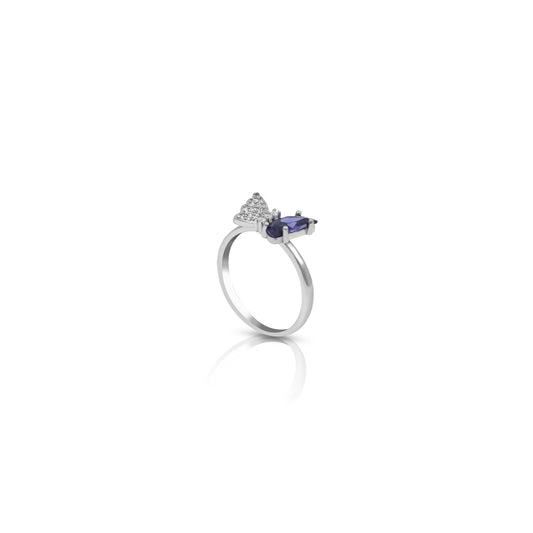 Silver ring with purple gemstone and butterfly design.