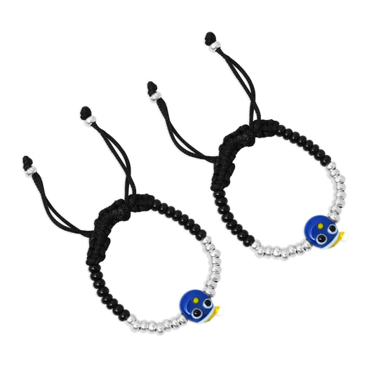 Cute Silver Baby Dhaga Bracelet with Doodle Eyes and silver Motis