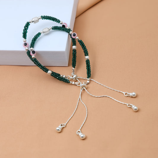 Pink Evil Eye Silver Anklet with Green Buds