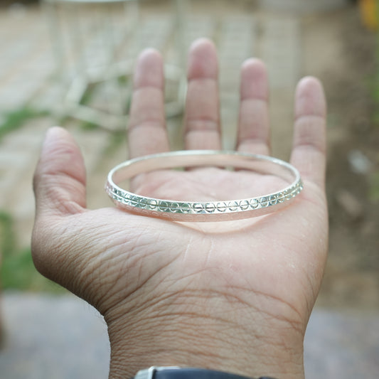 Engraved Silver Kada with Small Round Detailing