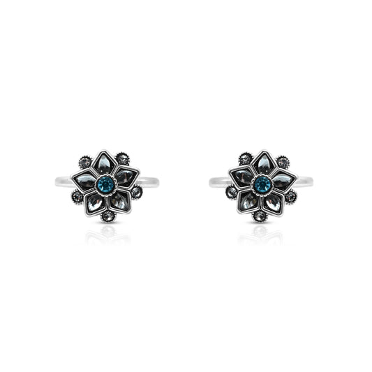 Silver Toe Rings with Blue Stone – Floral Design for Women