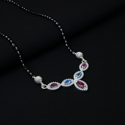 Traditional Silver Mangalsutra with Stunning Pink and Blue Center Stone.
