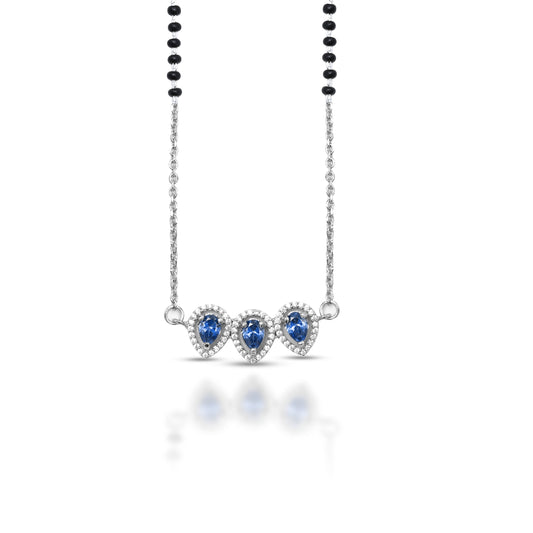 Chic designer silver mangalsutra with a vibrant blue stone, perfect for women