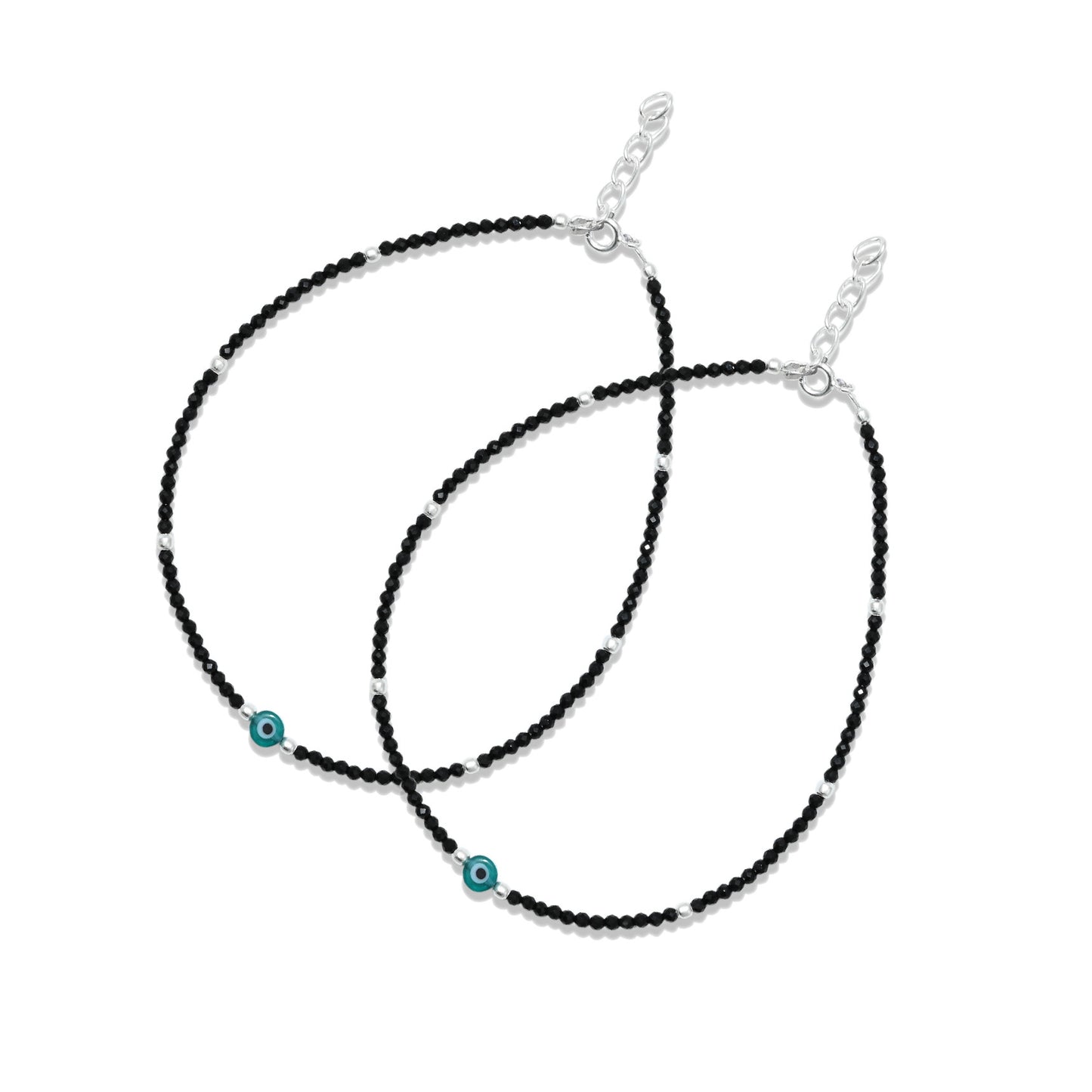Silver Protective Evil Eyes With Black Beads Anklet