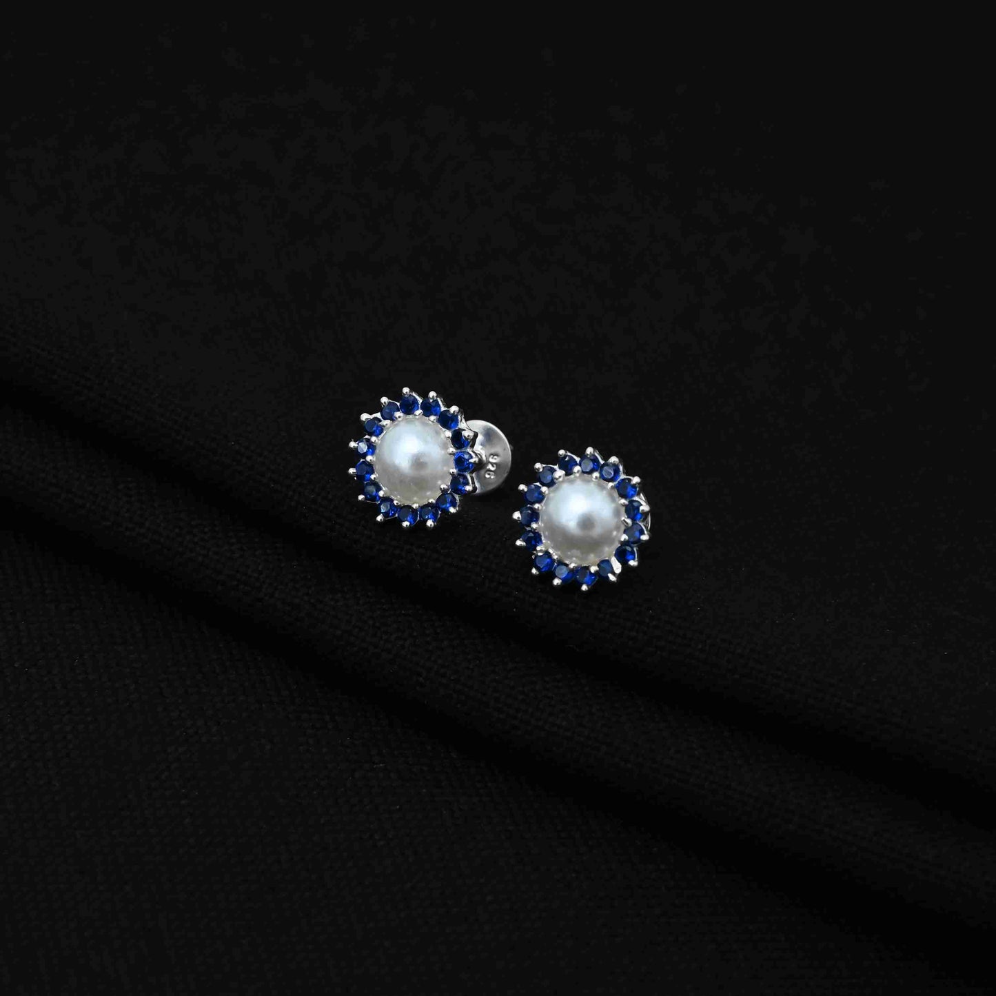 Silver Small Blue Stone on Edge Flower Design Earrings for Girls