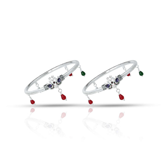 Silver Red and Green Bead with Peacock Design Kada Payal for Girls