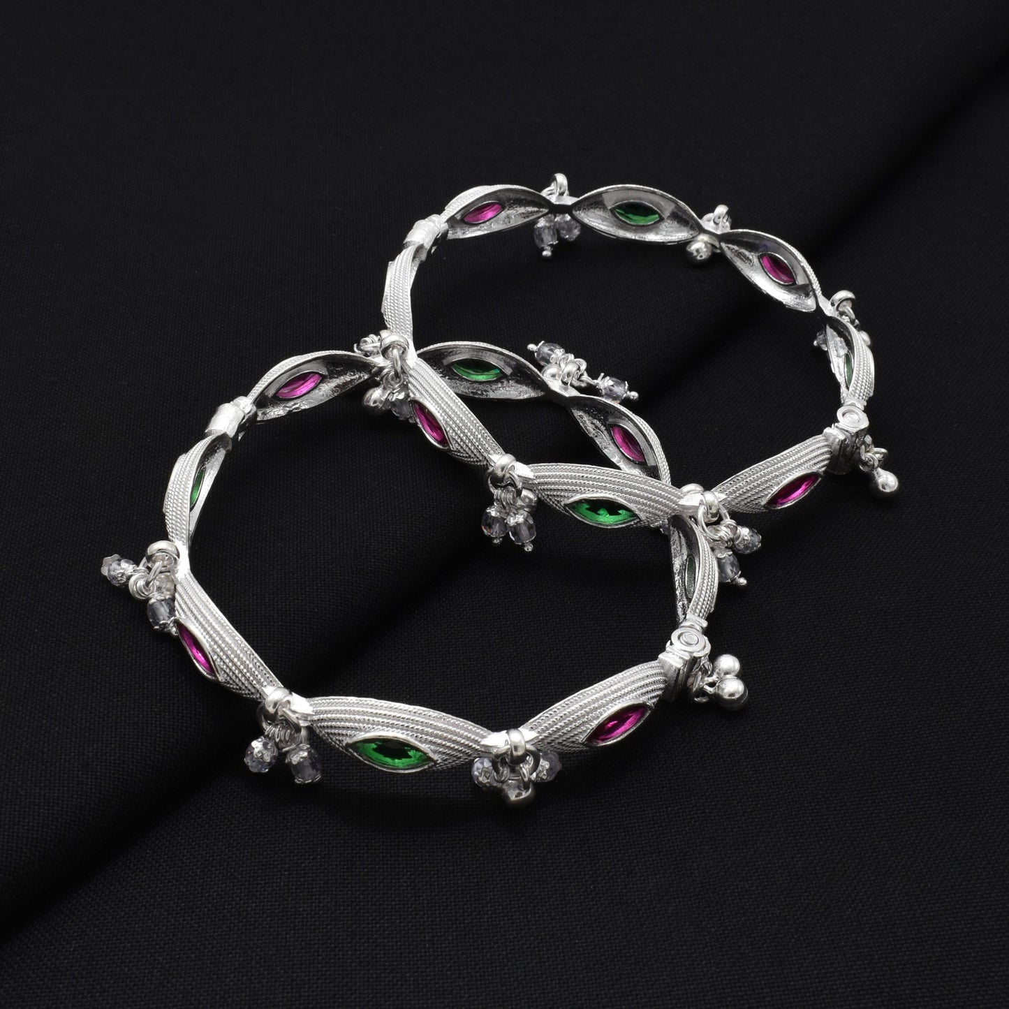 Elegant silver kada payal for girls, adorned with multicolored details