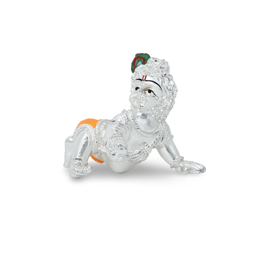 Handcrafted silver Krishna Ji statue, ideal for adding spiritual elegance and blessings to your space.