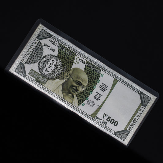 Close-up of the 999 pure silver 500 Rupees note highlighting its fine craftsmanship.