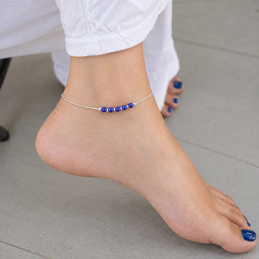 Silver Anklet Pair with Blue Beads for Women