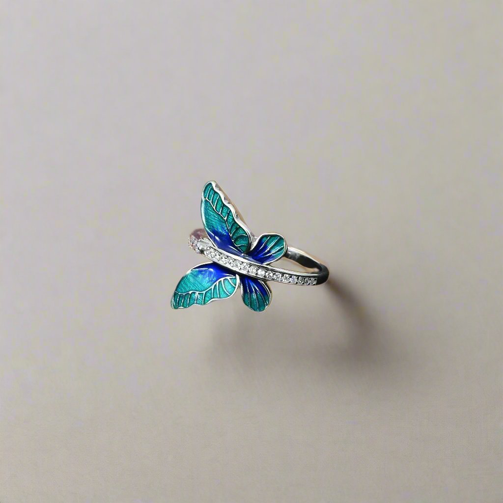 Vibrant butterfly ring in sterling silver with multicolored accents