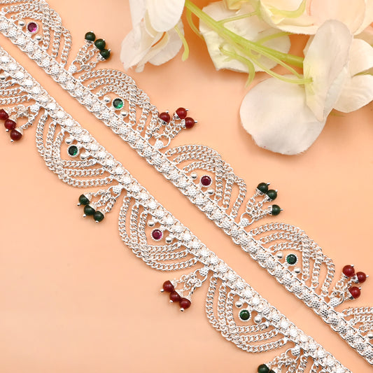 Traditional Silver Payal Anklet with Green & Pink Moti and Stone Detailing.