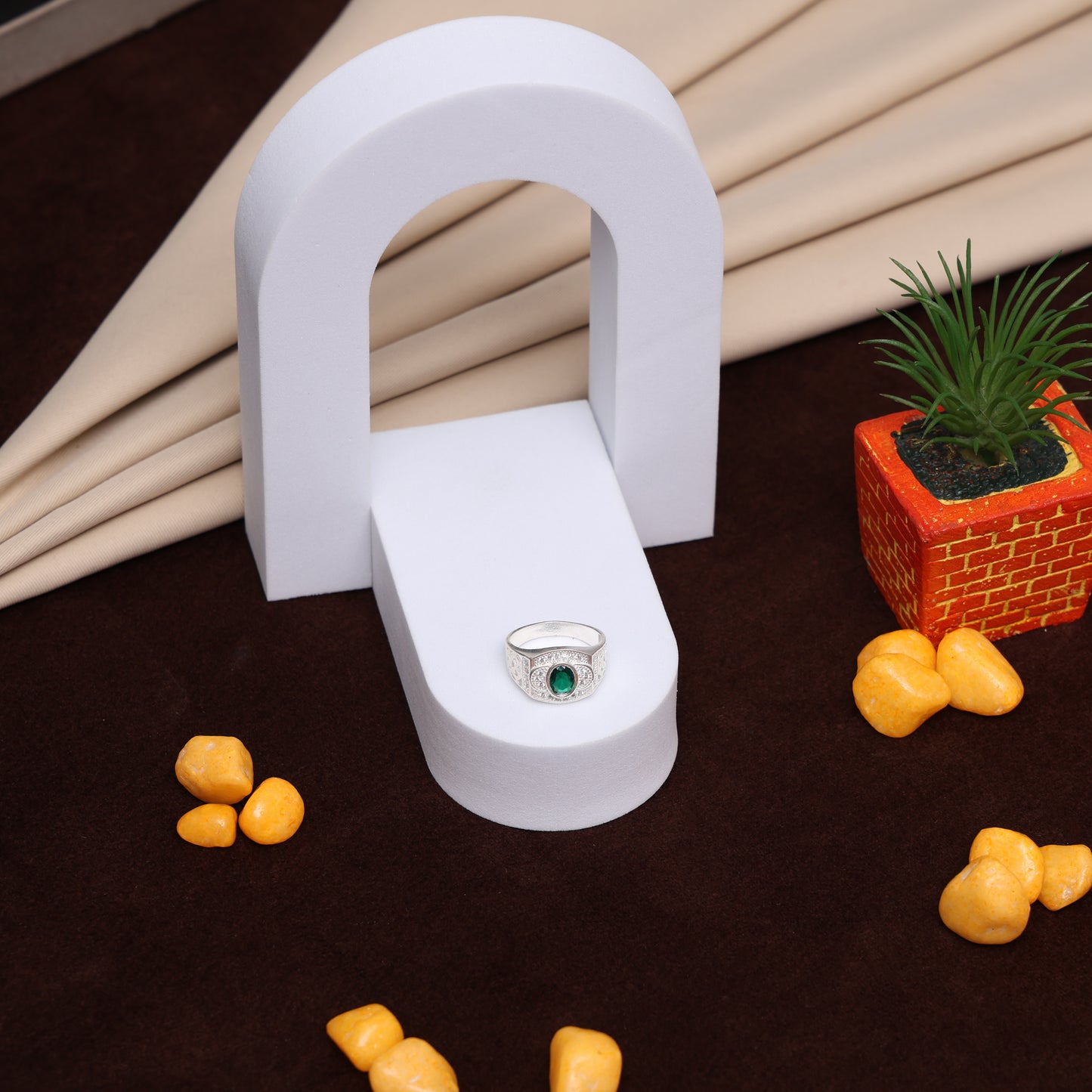 Green gemstone silver ring for young men