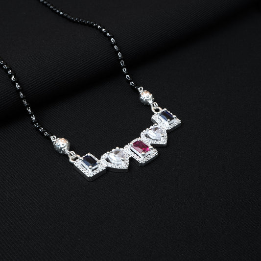 Elegant Silver Mangalsutra with Heart & Square Pink, White, Black Stones.