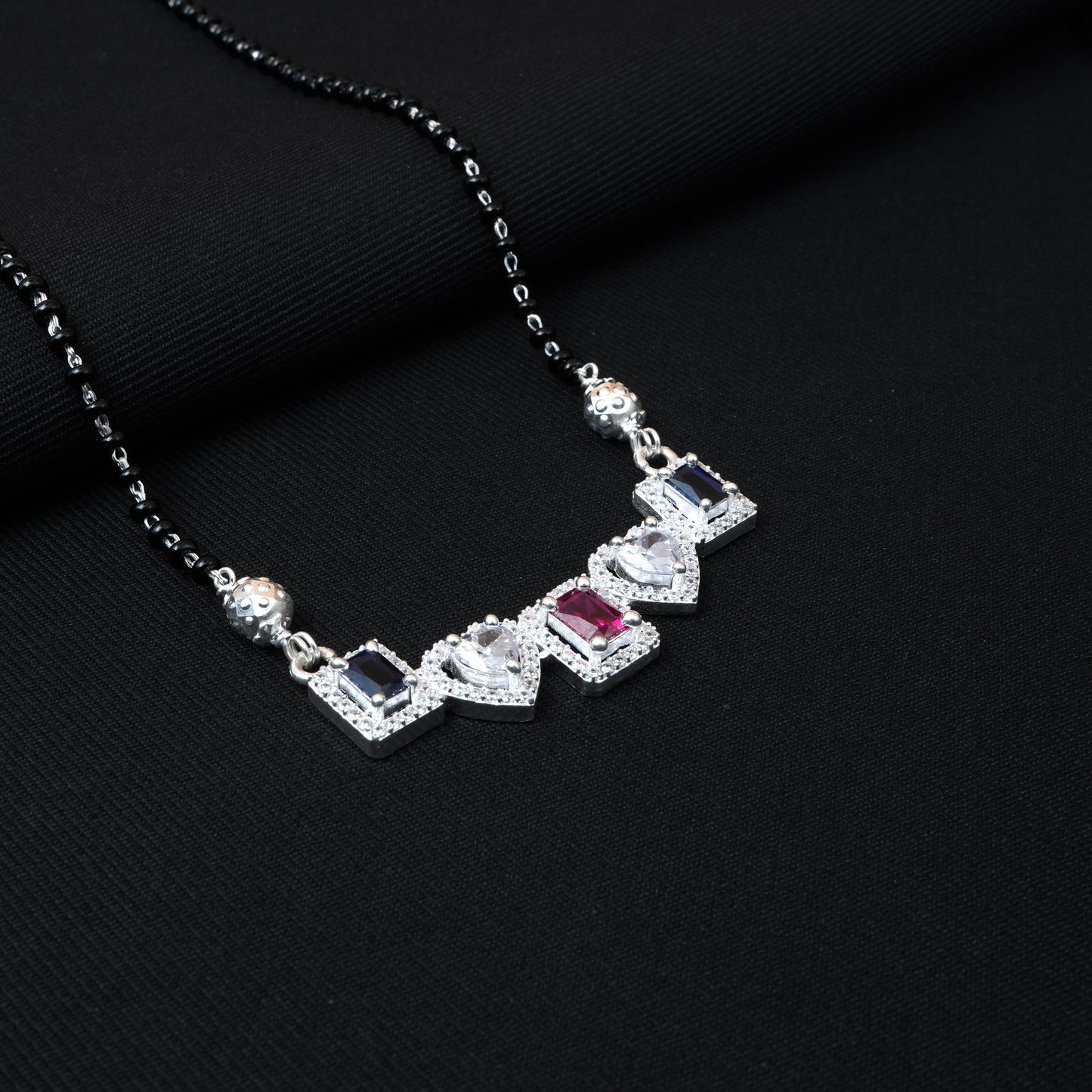 Elegant Silver Mangalsutra with Heart & Square Pink, White, Black Stones.