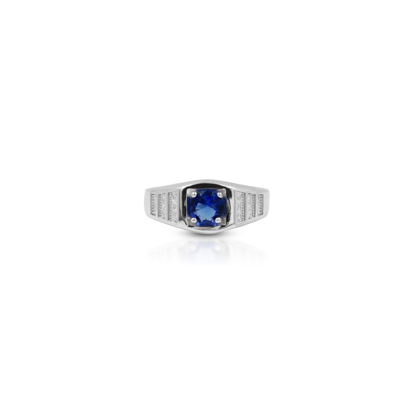 Silver ring with round blue gemstone