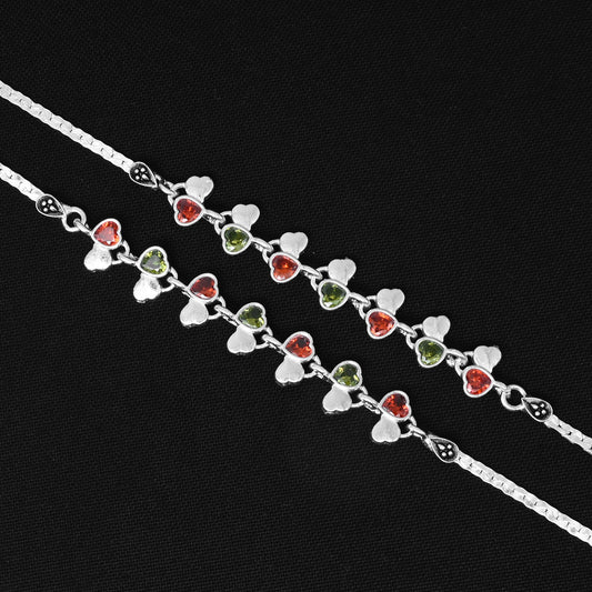 Silver Anklet with Heart-Shaped Buds and Red, Green Stone