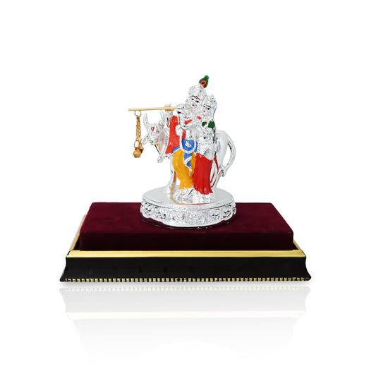 Handcrafted silver-plated Radha Krishna Murti with wax detailing, perfect for worship and home decor