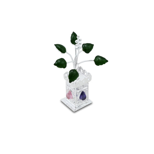 Elegant silver Tulsi plant featuring a gemstone in a lotus shape for spiritual devotion