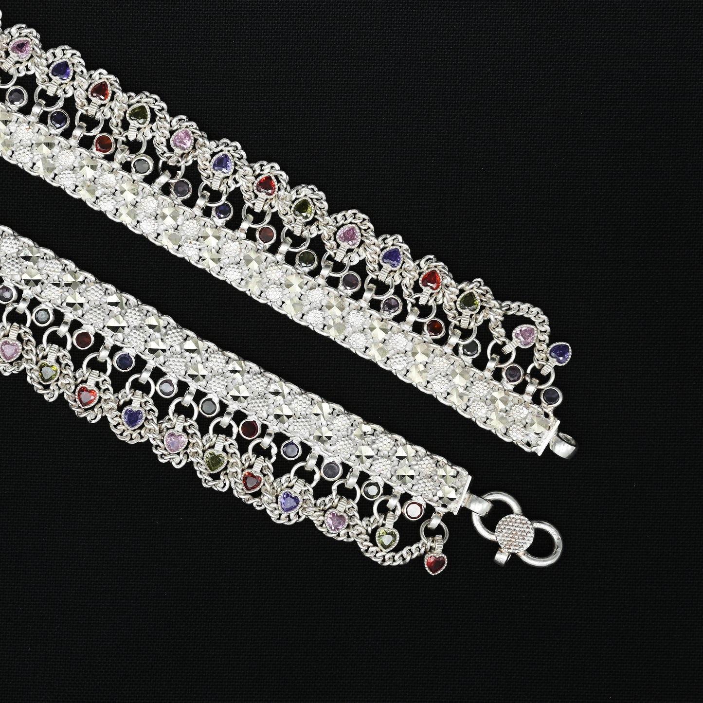 Silver heavy bridal anklet adorned with colorful beads for a festive look