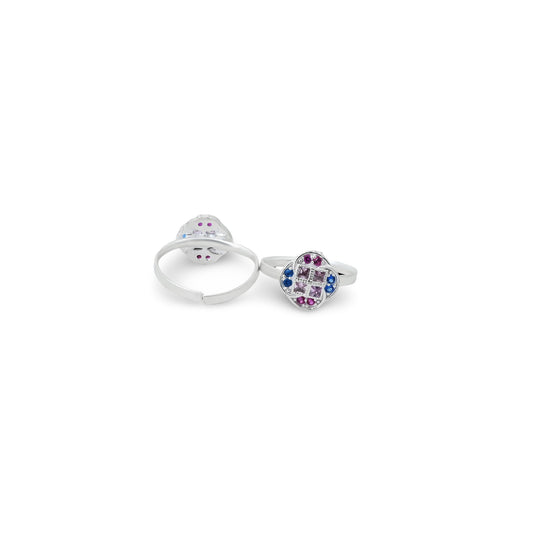 Charming silver Bichhiya adorned with purple and blue gems and a delicate flower motif