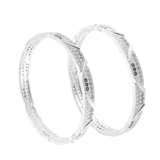 Elegant silver bangles featuring a mix of vibrant, colorful gems