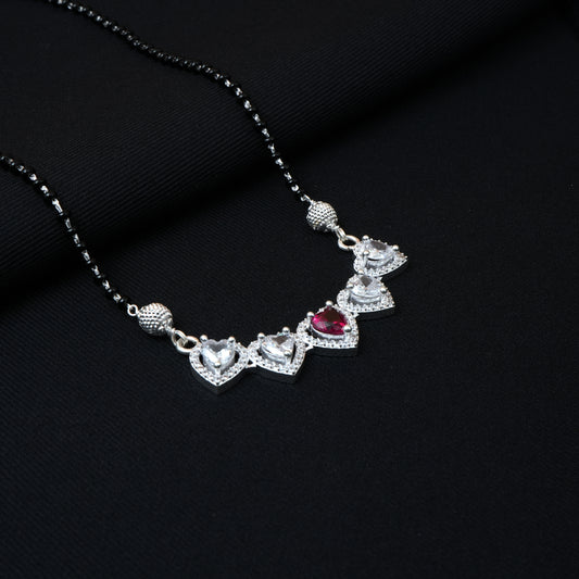 Premium Silver Mangalsutra with Heart Pink and White Gemstone Design.