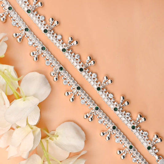 Traditional Silver Anklet Payal with Ghungroo Bells and Green Stones.